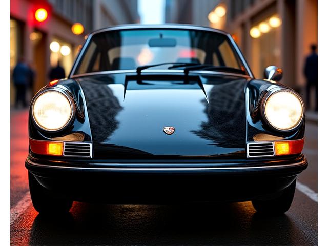 Porsche 911 noire fraîchement cirée, reflétant les lumières de la ville