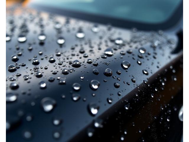 Gros plan sur la carrosserie d'une Tesla noire traitée à la céramique, avec des gouttes d'eau perlantes